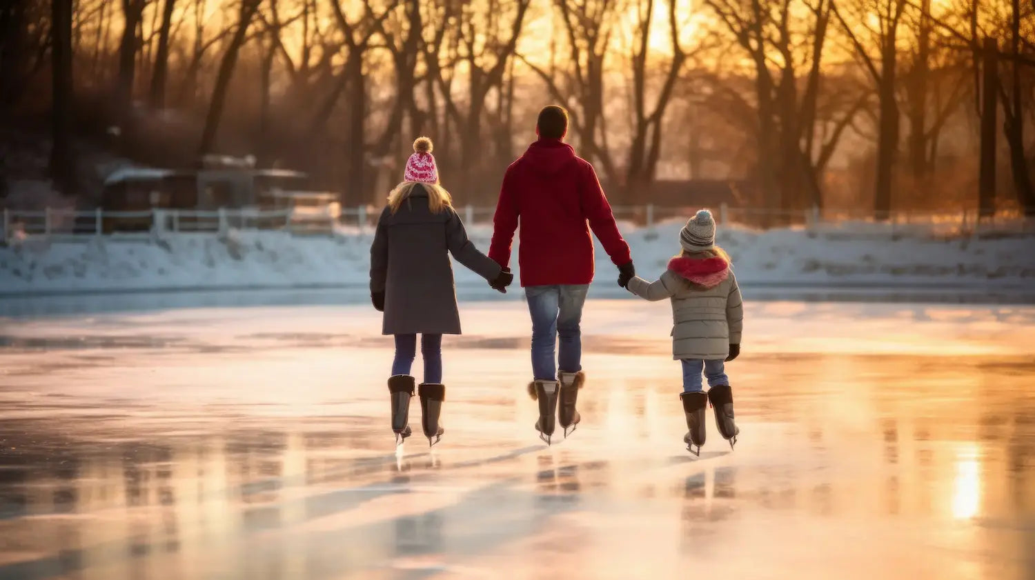 Familie fährt Schlittschuh auf gefrorenem See